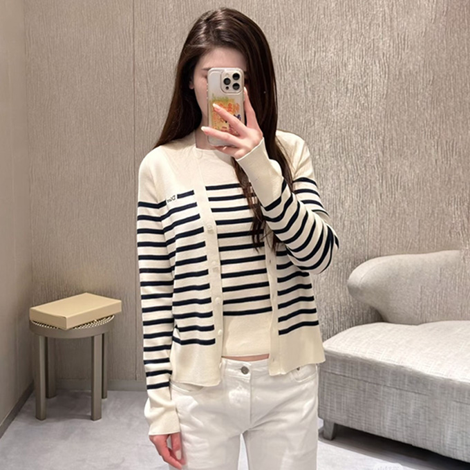 dior nautical stripe v neck button front long sleeve knit cardigan